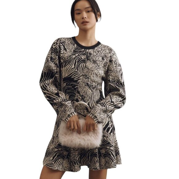 Anthropologie Ruffled Sweater Knit Mini Dress, Printed, Long Sleeve, Size Medium - Picture 2 of 9